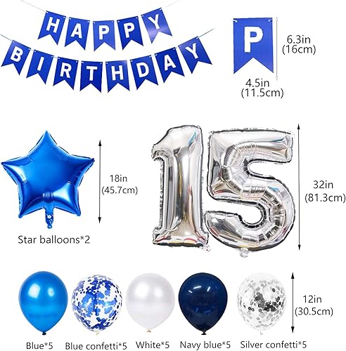 Miniatura 5 de Decoración de fiesta de cumpleaños número 15 para niños pancarta de feliz cumpleaños globos de cumpleaños azules del número 15 globos de látex de