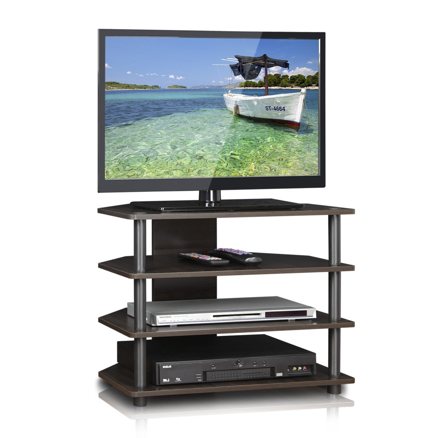 Furinno Sully 3-traps tv-standaard voor tv tot 48, Frans eiken, grijs/zwart, 104,4 (breedte) x 40,1 (hoogte) x 39,4 (diepte) cm