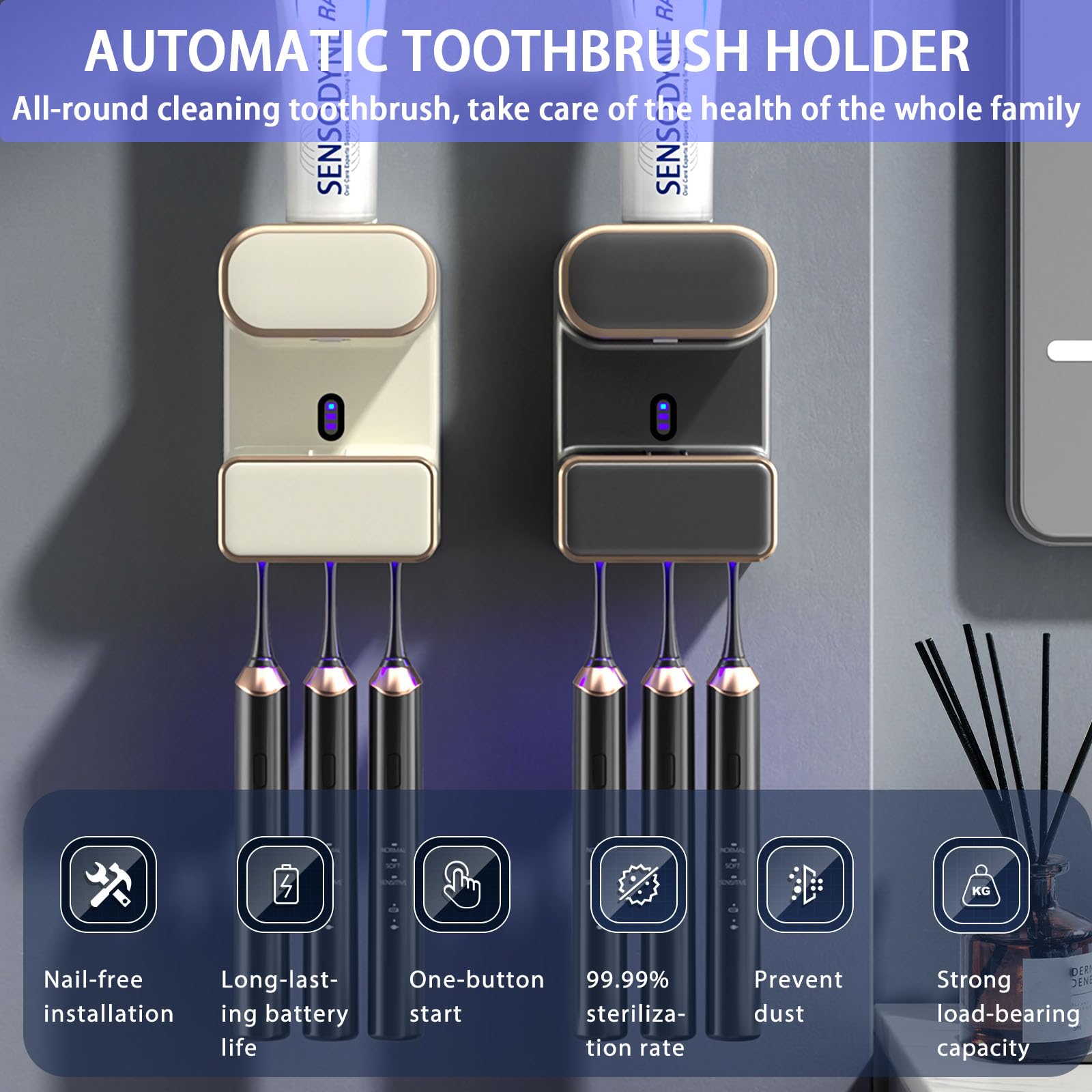 Dispensador automático de pasta de dientes, dispensador inteligente de pasta de dientes montado en la pared con 3 ranuras para pasta de dientes, soporte para cepillo de dientes eléctrico, exprimidor
