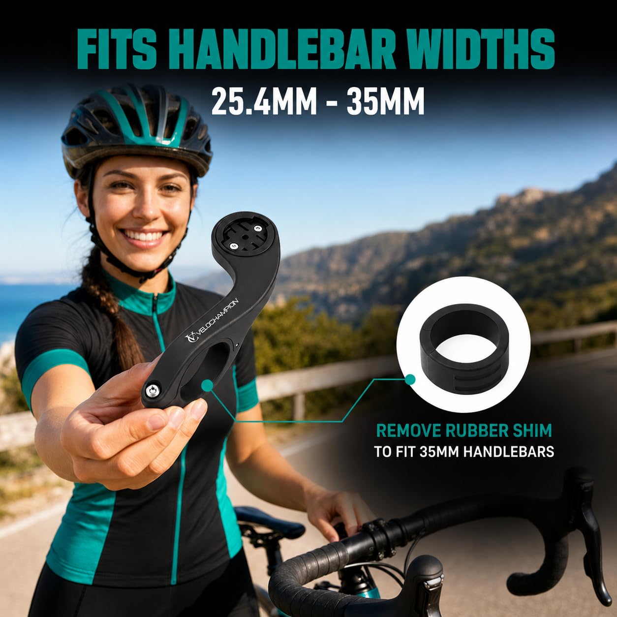 VeloChampion Soporte de Manillar Frontal Compatible con Ciclocomputadores GPS Garmin o Wahoo. Apto para Manillares con Diámetros de 25,4 a 35 mm