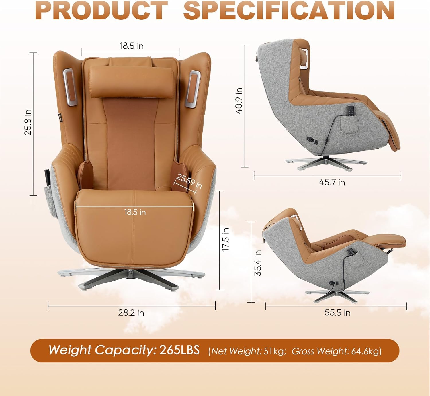 COLAMY Zero-Gravity Massage Chair | Massage and Leisure Dual-Use Chair,360° Swivel,Heat, Low-Noise 3D Bluetooth Speaker,Living Room（Brown