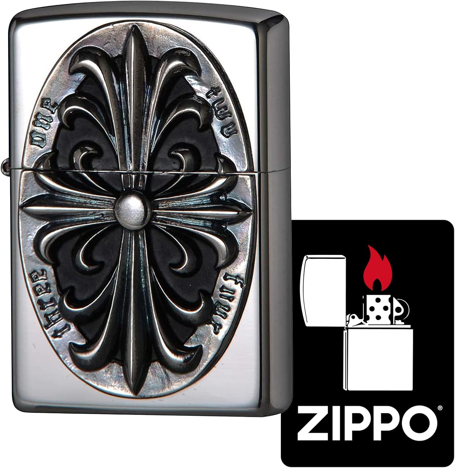 Zippo 2SIM-CROZS Windproof, Brass Lighter, Emblem, Metal Sticker, Special Sticker, Silver