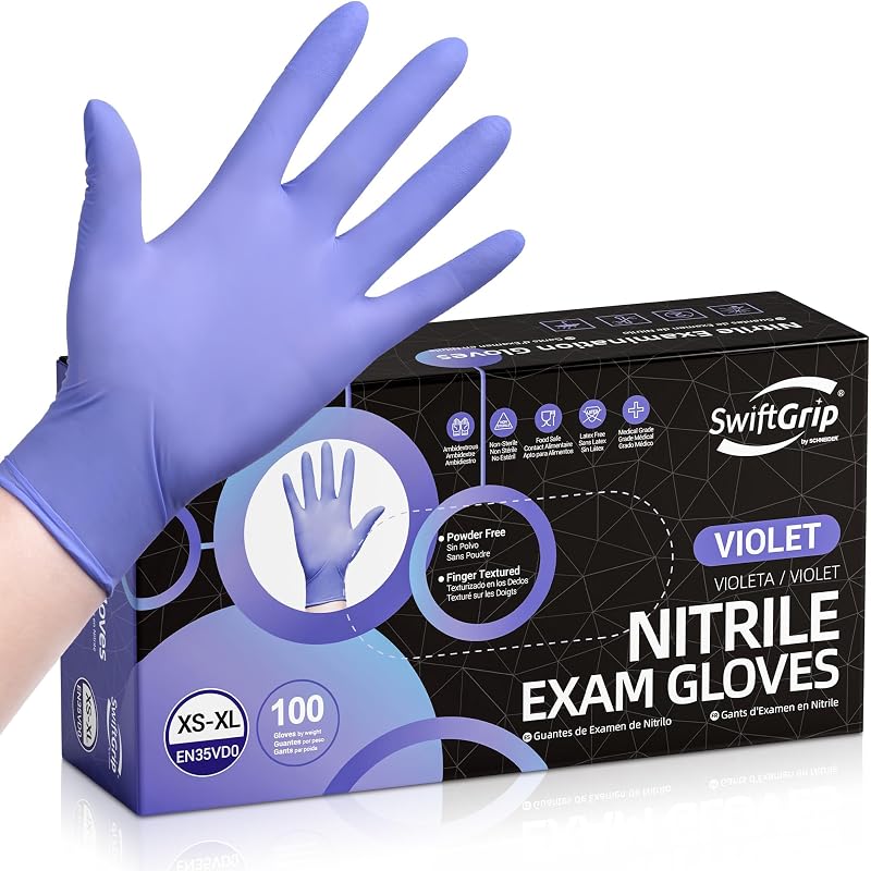 SwiftGrip Disposable Nitrile Exam Gloves, 3mil, XS, Box of 100, Violet Nitrile Gloves Disposable Latex Free for Medical, Cleaning, Cooking & Esthetician, Food-Safe, Powder-Free, Purple, Non-Sterile