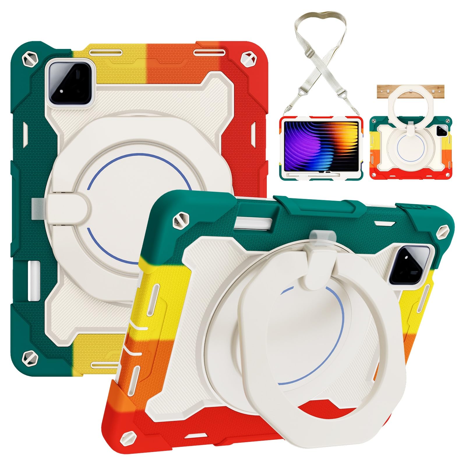 Funda protectora resistente para Xiaomi Pad 8/8 Pro de 11.2 pulgadas 2026, soporte giratorio de 360°, correa para el hombro, soporte para lápices y anillo de asa, funda a prueba de golpes