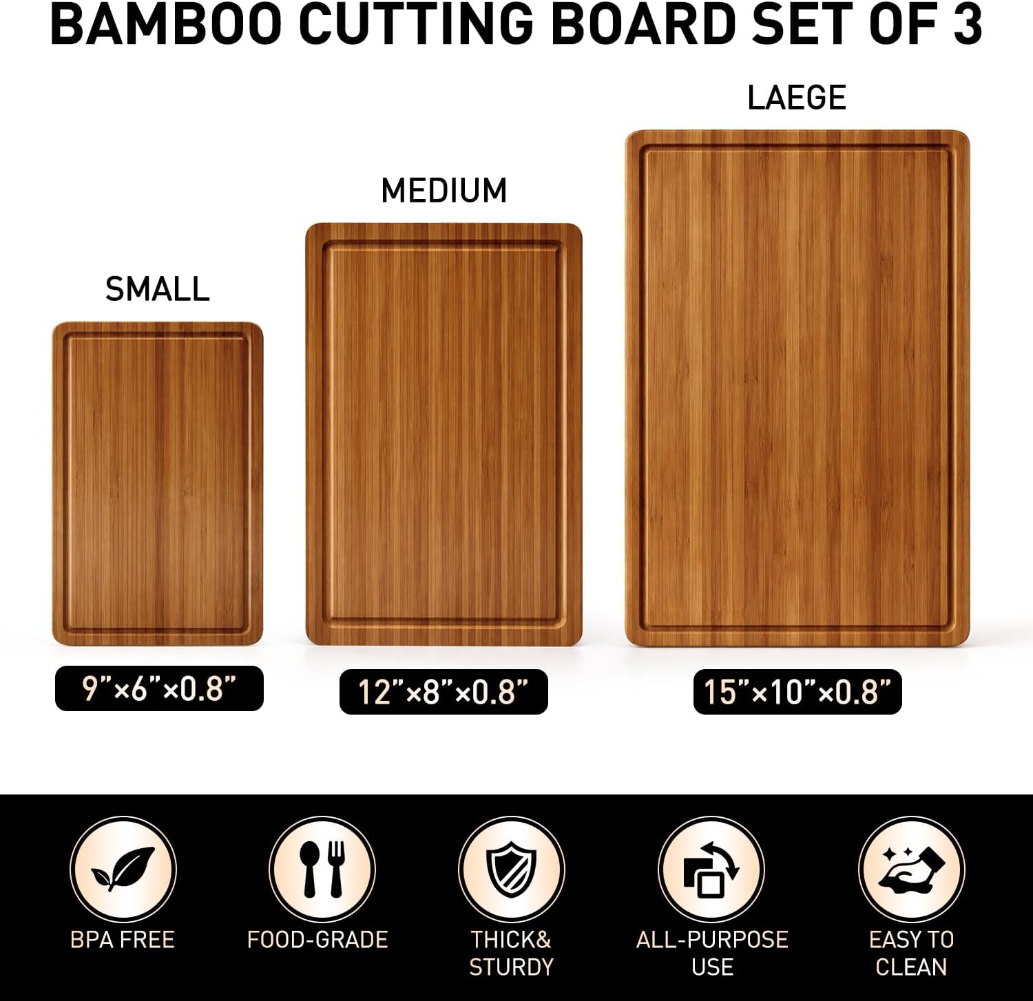 3 Pack Non Toxic Bamboo Cutting Board Set with Non Slip Feet and Juice Groove Solid Wooden Chopping Boards for Kitchen Meat Hard Large Wood Cutting Board Serving Bread Charcuterie Boards Butcher Block