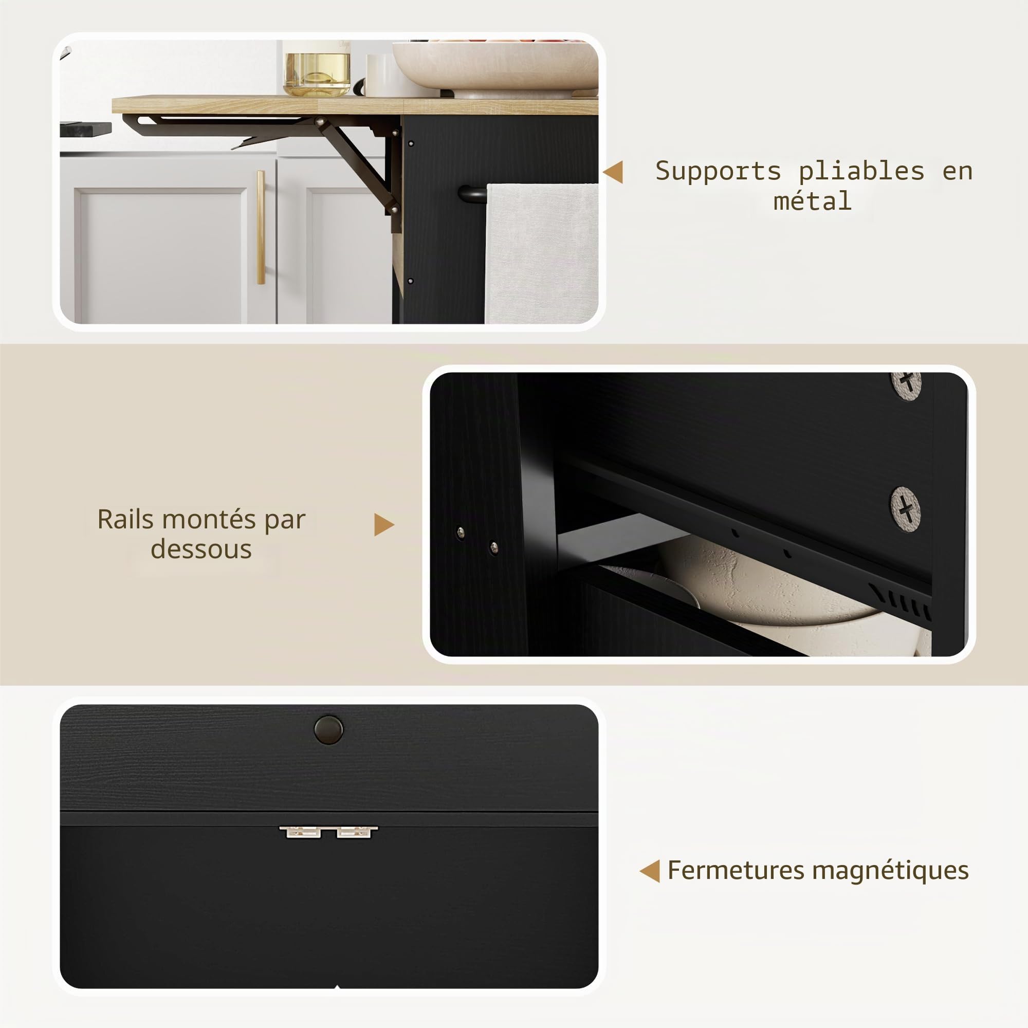 HOMCOM Îlot de cuisine avec aile rabattable, meuble d'appoint sur roulettes, 2 portes, tiroir, porte-serviettes et étagère ajustable, 106 x 42 x 87 cm, noir et chêne