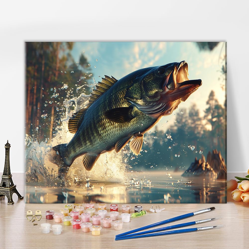 TUMOVO Paint by Numbers Big Mouth Bass, Jumping Fish Paint by Numbers Kit for Adults, DIY Acrylic Paint by Numbers Kits on Canvas Fishing, Oil Painting for Gift Home Wall Decor 16"x20"(Frameless)