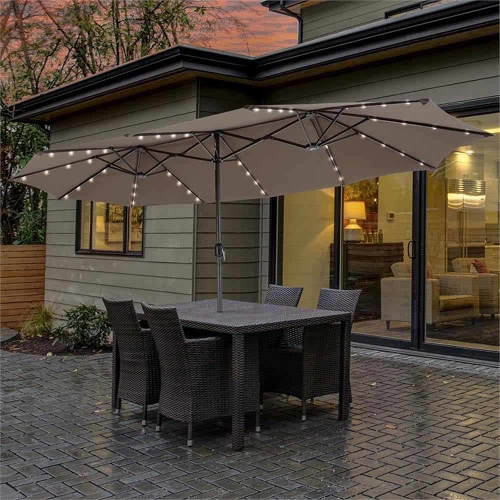 Pemberly Row 15FT Twin Patio Double-Sided Umbrella 48 Solar LED Lights Coffee