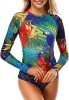 Maiô feminino de manga comprida Rash Guard UV FPS 50+ com proteção solar, estampado, zíper, surfe, peça única
