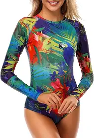 Maiô feminino de manga comprida Rash Guard UV FPS 50+ com proteção solar, estampado, zíper, surfe, peça única
