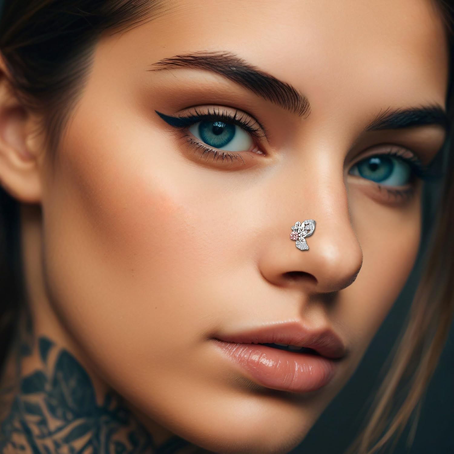 Silver Plated L-Shaped Nose Ring Stud with Pink and Clear Zirconia, Delicate 18G Nose Screw Stud with Pink Clear CZ L-Post Ring Jewelry