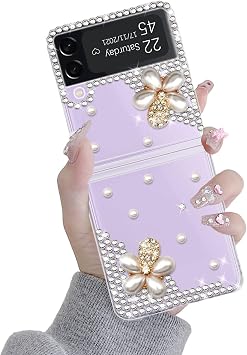 Omio for Galaxy Z Flip 3 5G Case Sparkle, 3D Handmade Sparkle Stunning Stones Crystal Diamond Bling Glitter Hard PC Phone Cover for Women Girls, Flower