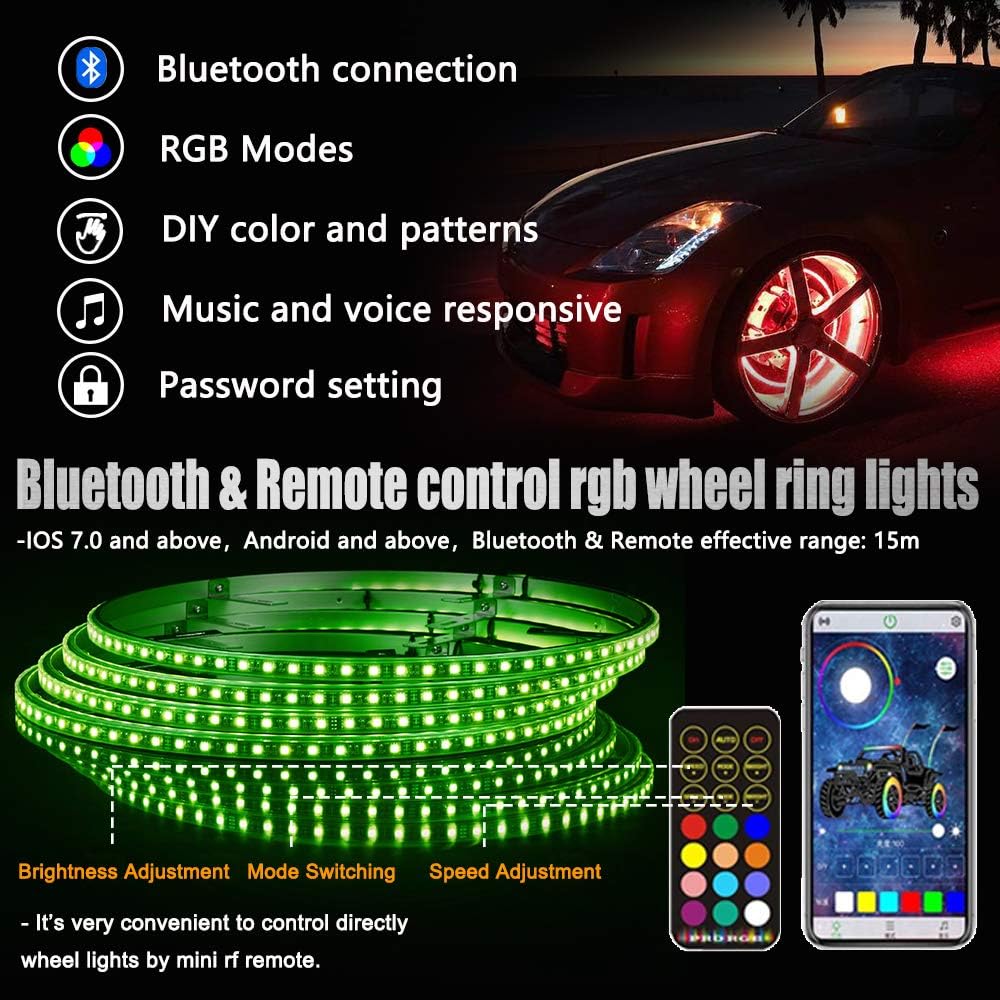 AddSafety 4PCS 15.5inch RGB LED Wheel Ring Light Kit Bluetooth Control w/Turn Signal and Braking Function can Controlled by Remote and APP(Single Row) : Automotive
