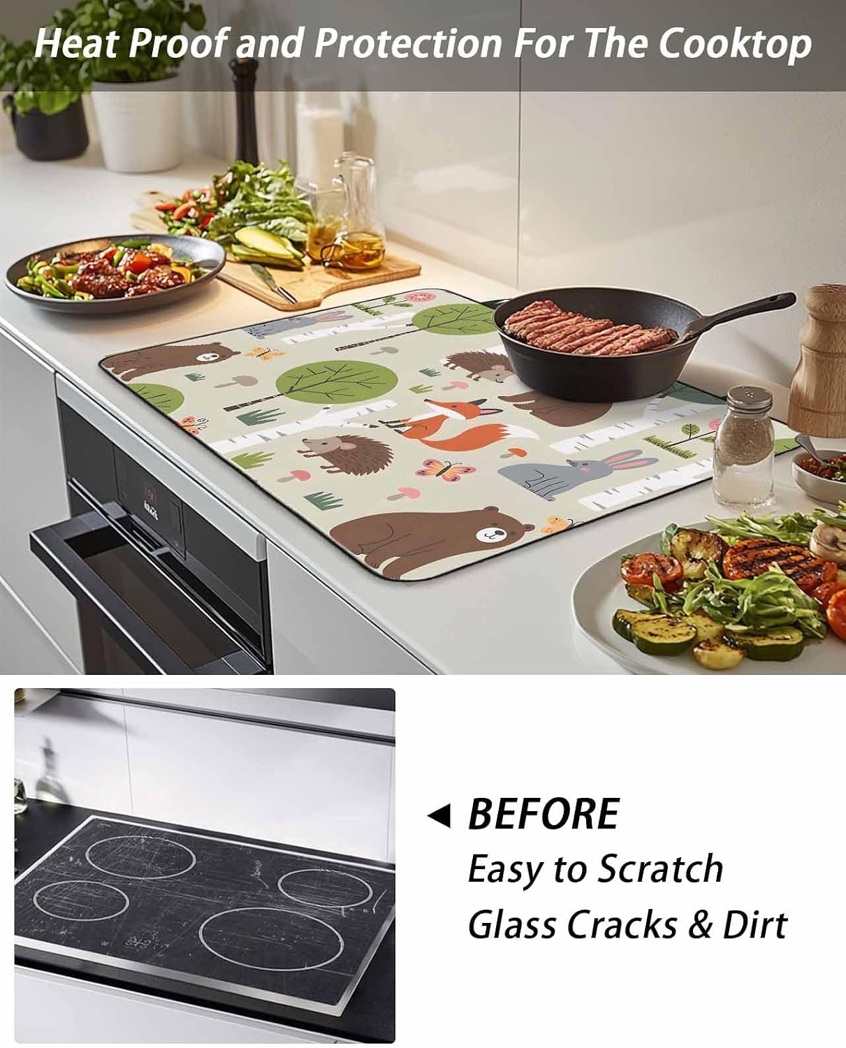 Cartoon Animals Stove Cover for Electric Stove,Cute Cartoon Bear Fox Rabbit Hedgehog Animal Trees Grass Stove Top Cover for Glass Top,Heat Insulation Foldable Cooktop Top Protector,28.5"x20.5"