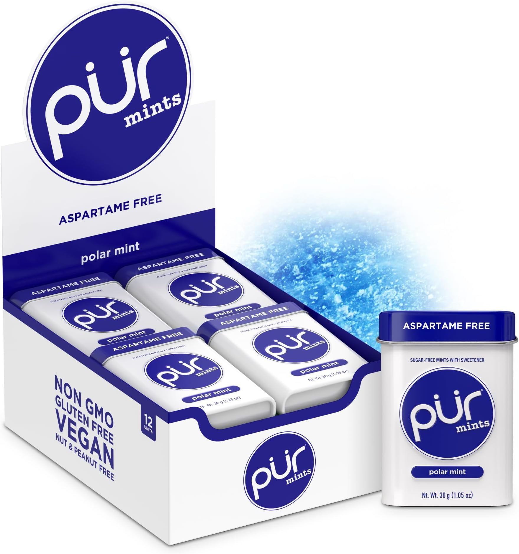 PUR Mints | Aspartame-Free | Made with Xylitol | Sugar-Free, Vegan, Gluten-Free & Keto Friendly | Natural Polar Mint Flavor, 30 Pieces (Pack of 12)