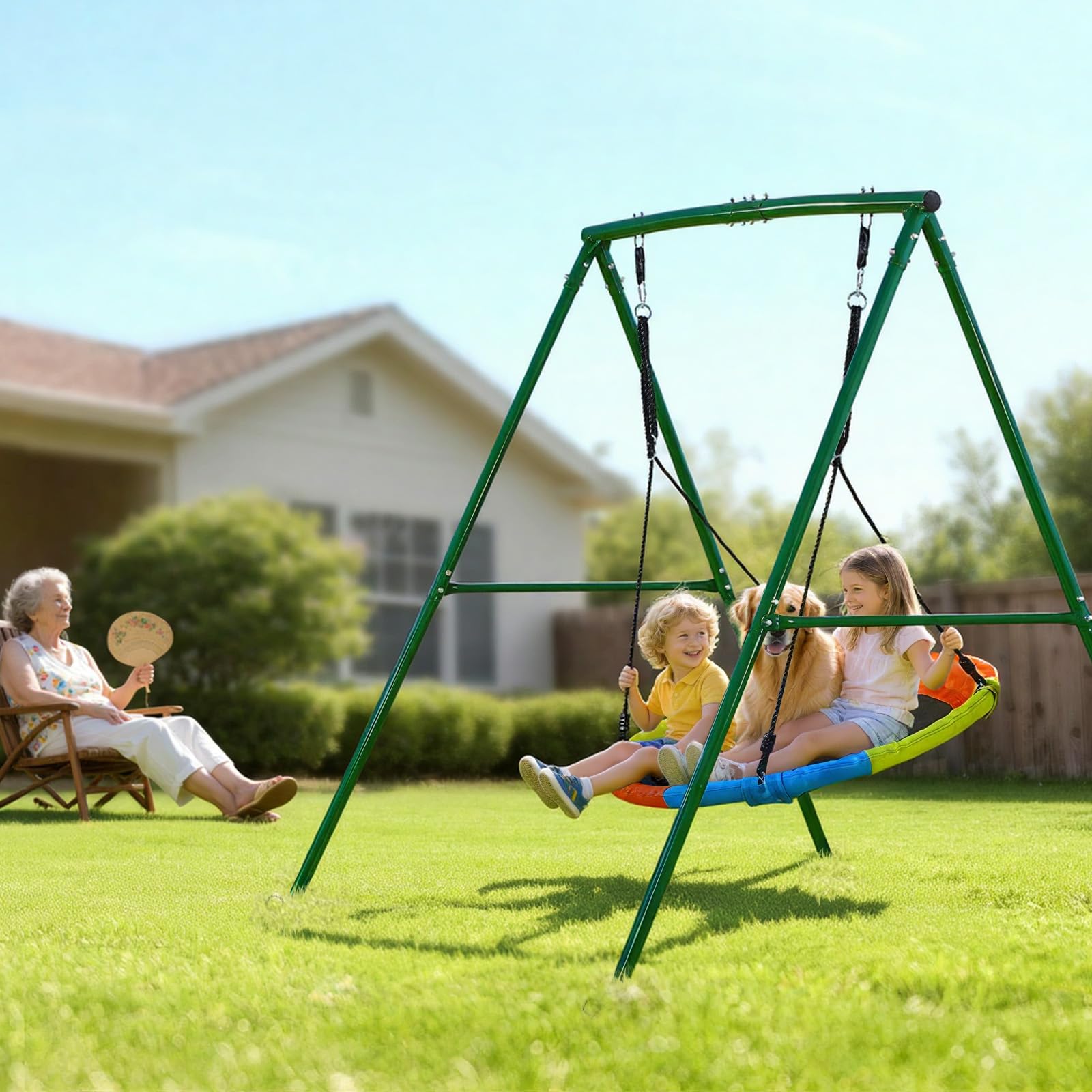 VEVOR Juego de Columpio Infantil Exterior, 184 x 180 x 181 cm, Juego de Columpio de Jardín para Niños, Capacidad de Carga 199,6 kg, con Asiento Nido Estacas, Marco de Acero, para Terraza Patio, Verde