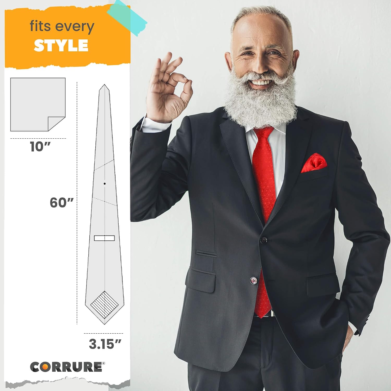 CORRURE Red Tie for Men + Handkerchief - Classic Necktie and Pocket Square Set - Business or Casual Wear Accessory