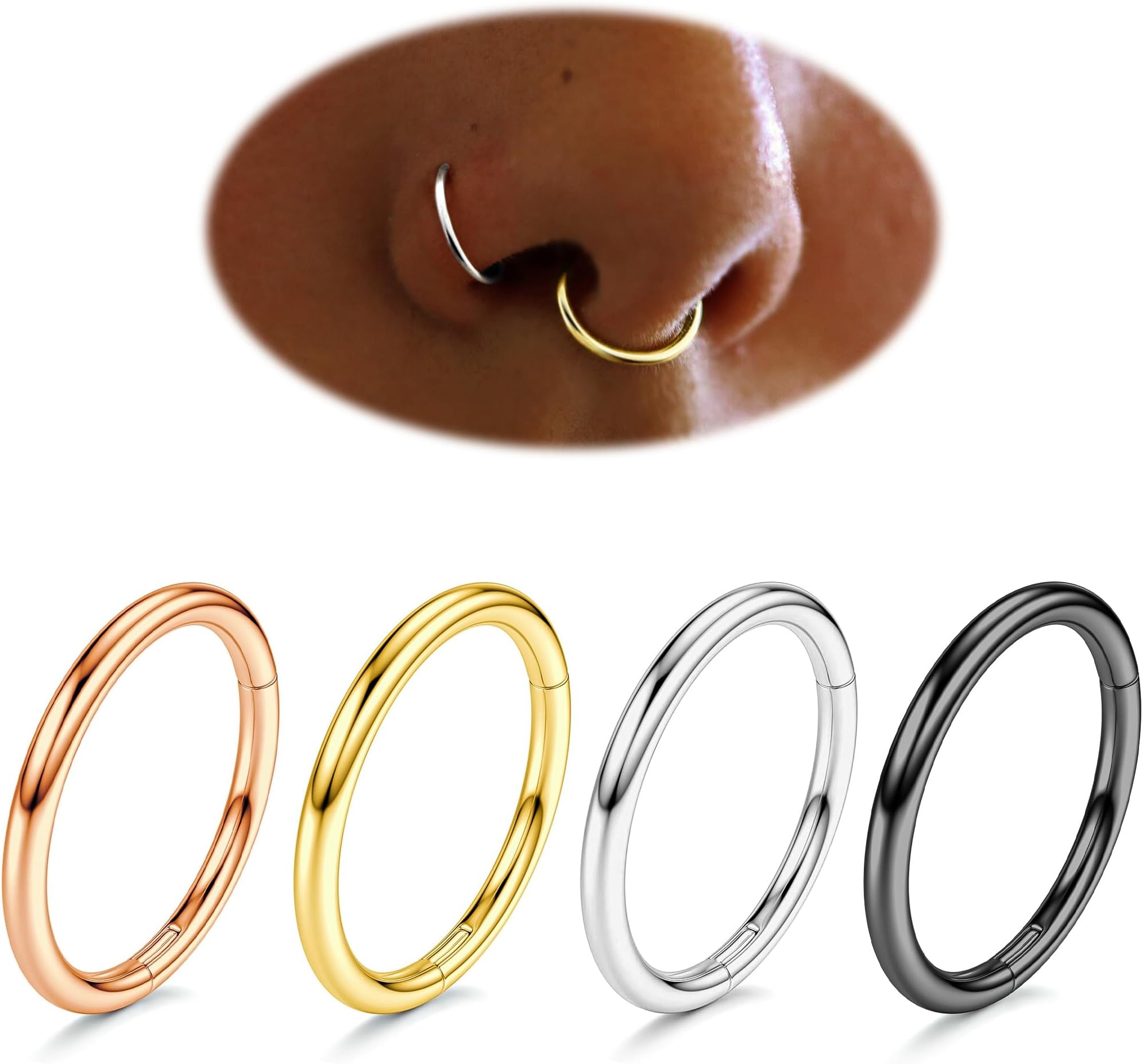 PoxtexSurgical Steel Nose Rings Hoops - 4pcs Hypoallergenic 20G 16G 18G Hoop Nose Rings for Women Men, Hinged Clicker Nose Rings, Septum Rings, Small Lip Rings, Helix Cartilage Earring Piercing 6mm