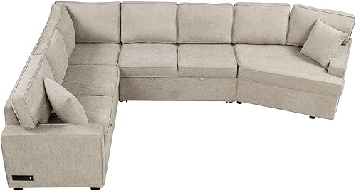 Miniatura 4 de Sofá modular en forma de L de 126 pulgadas con dispositivos de carga, sofá cama extraíble con portavasos y sofá modular convertible para sala de