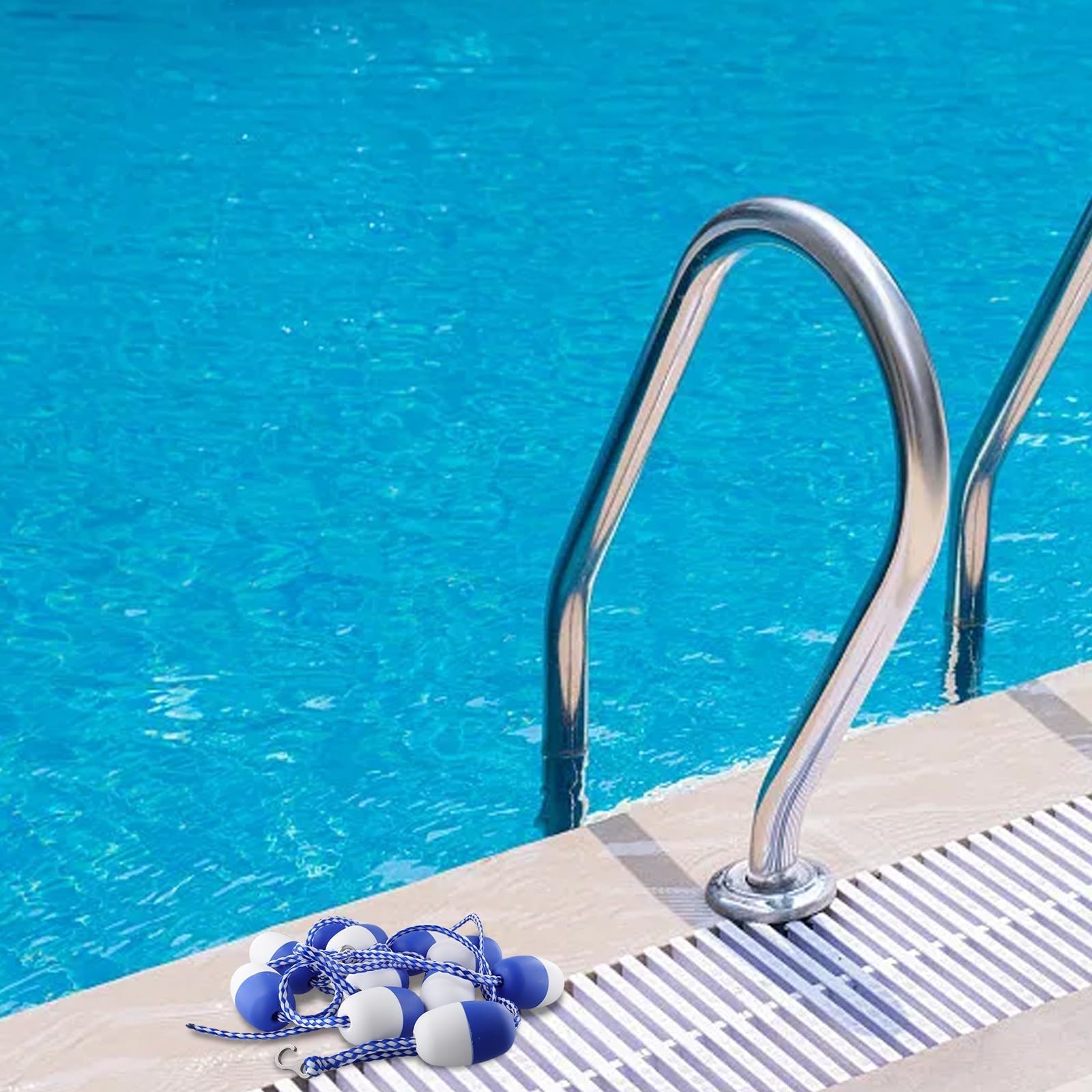 Corde de sécurité de piscine en nylon de 5 m avec bouées de 7 cm pour séparation de voie et division de zone d'eau, blanc et bleu