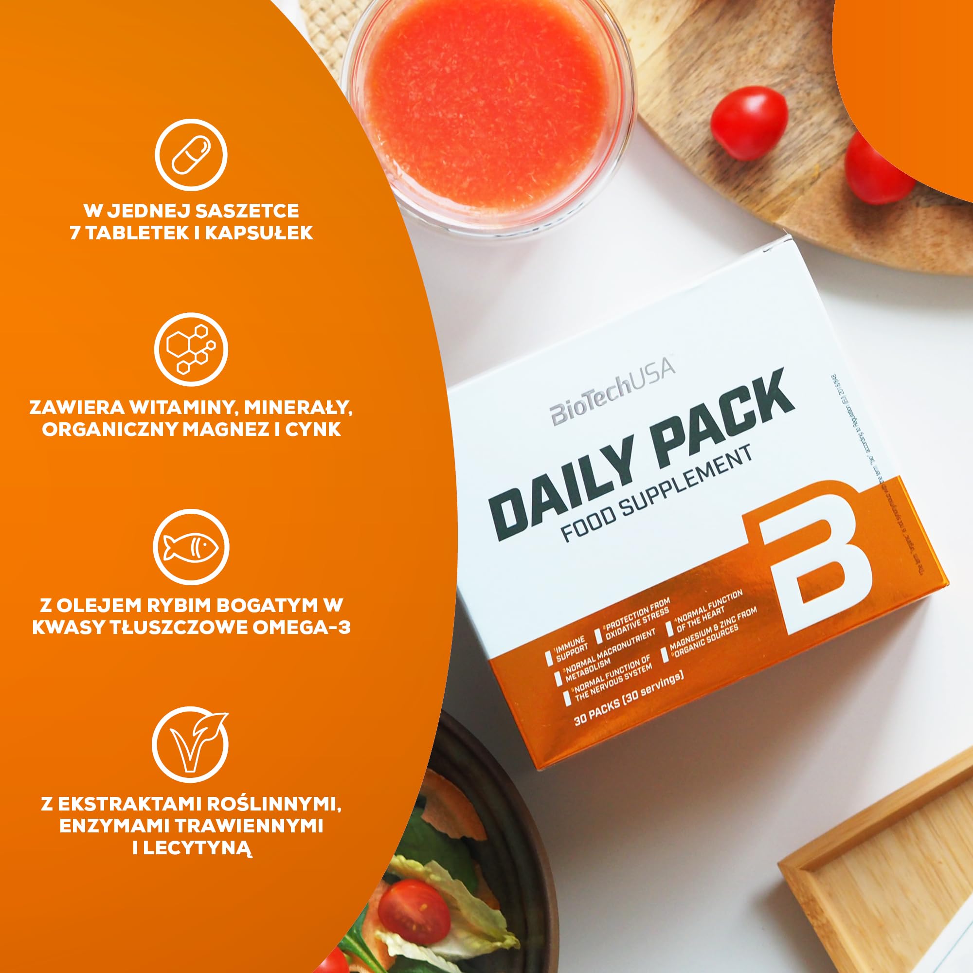 BioTechUSA Daily Pack, Pełnowartościowy preparat multiwitaminowy zawierający 7 różnych tabletek, kapsułek i kapsułek typu softgel z minerałami, koenzymem Q10, ekstraktem z pestek winogron, lecytyną i niezbędnymi kwasami tłuszczowymi, 30 saszetek