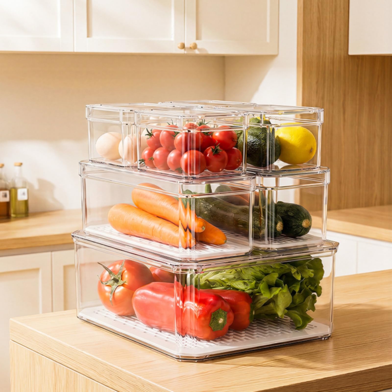 7 Pezzi Contenitore con Vassoio Forato Trasparente Contenitore Impilabile Leggero Organizer da Cucina per Ripostiglio