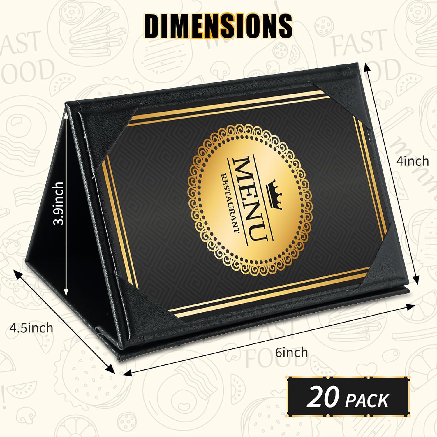 Table Tent Triangle Menu Holders 4" x 6", 20 Pack 3-Side Leatherette Picture Frames, Menu Cover with Angled Corners for Restaurant, Bar, Cafe, Wedding, Durable and Foldable Design