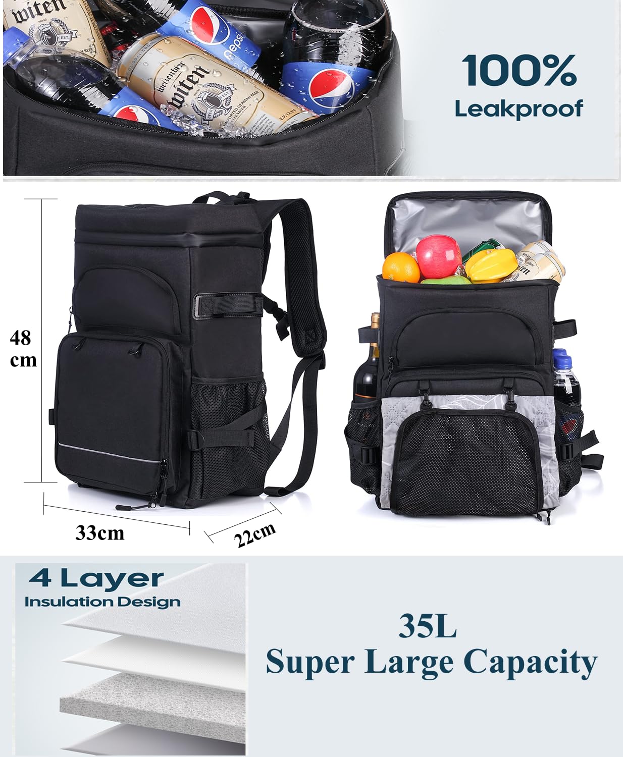 DEWUR Kühlrücksack 35L Thermo Rücksack Kühltasche Wasserdichter Picknickrücksack mit Flaschenöffner für Picknick Camping Strand Wandern Reisen Einkaufen Schwaz