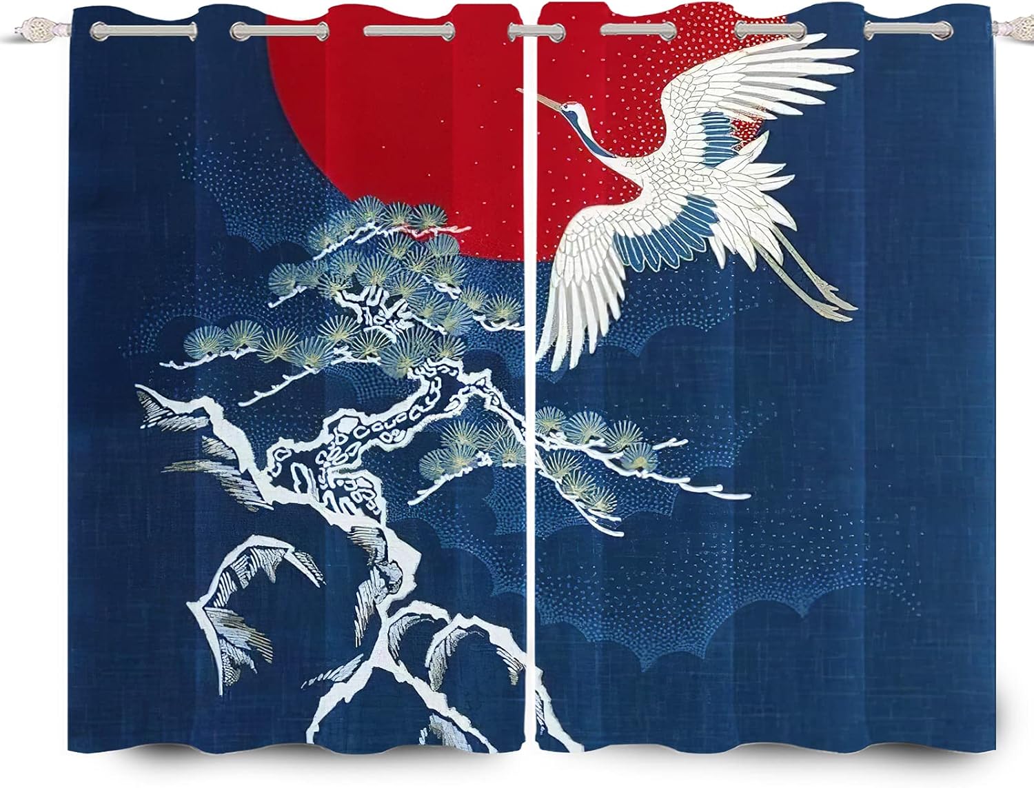 Traditional Japanese Style Blackout Window Curtains Japanese Crane Welcome Pine Window Treatments Red Sun Dark Blue Navy Printed Window Drapes Bedroom Living Kitchen Decor,53x72 inch,2 Panels