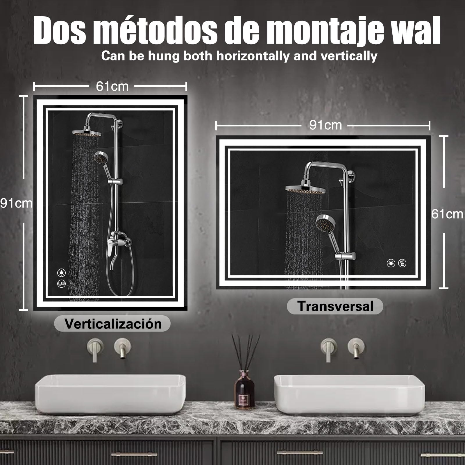 Espejo LED para baño de 61x91cm, Frontal y retroiluminado, antivaho, Regulable, 3 Colores, Espejo de baño LED con función de Memoria, Espejo Inteligente montado en la Pared