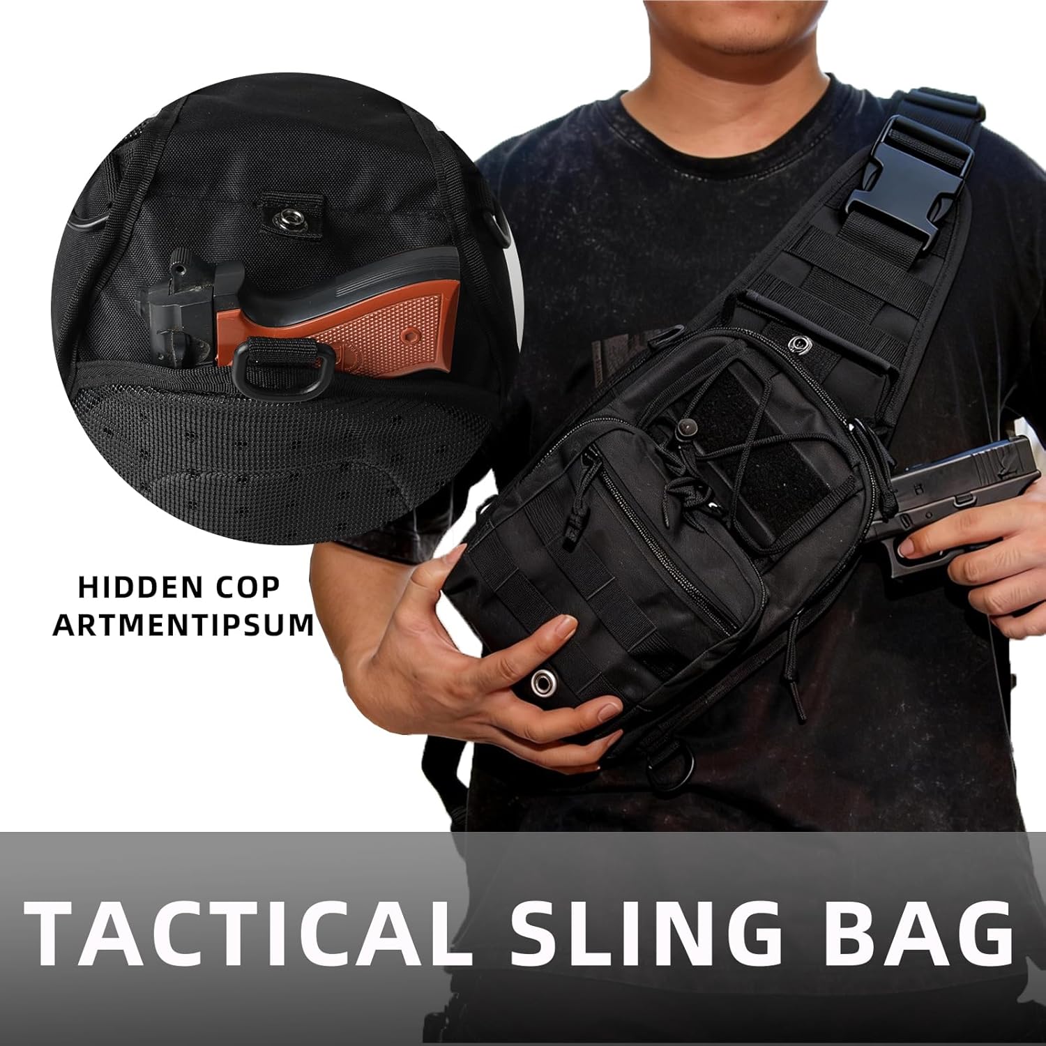 J.SH 4-in-1 Tactical Sling Bag with Hidden Compartment Men's Outdoor MOLLE Crossbody Bag EDC Backpack Small Tactical Backpack - Black - Image 5