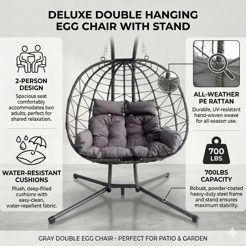 KEIKI Hanging Egg Chair with Stand, Patio Hammock Swing Chair with Cushion, Patio Loveseat for Balcony, Backyard, Garden, Gray