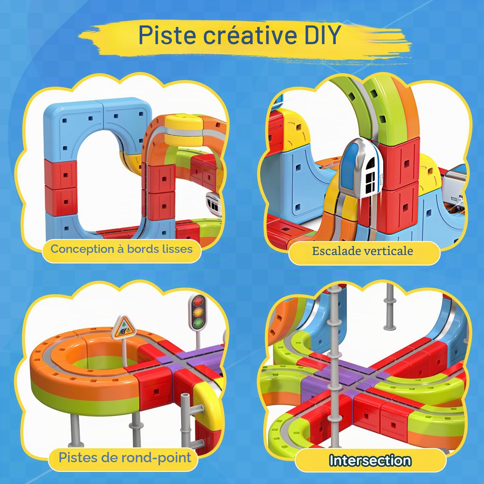 Circuit Train Electrique Enfant, 70 Pièces DIY Construction Cube Track Jouet avec Train Électrique, Cadeau pour Enfants 3 4 5 6 7 8 9 10 11 12 Ans