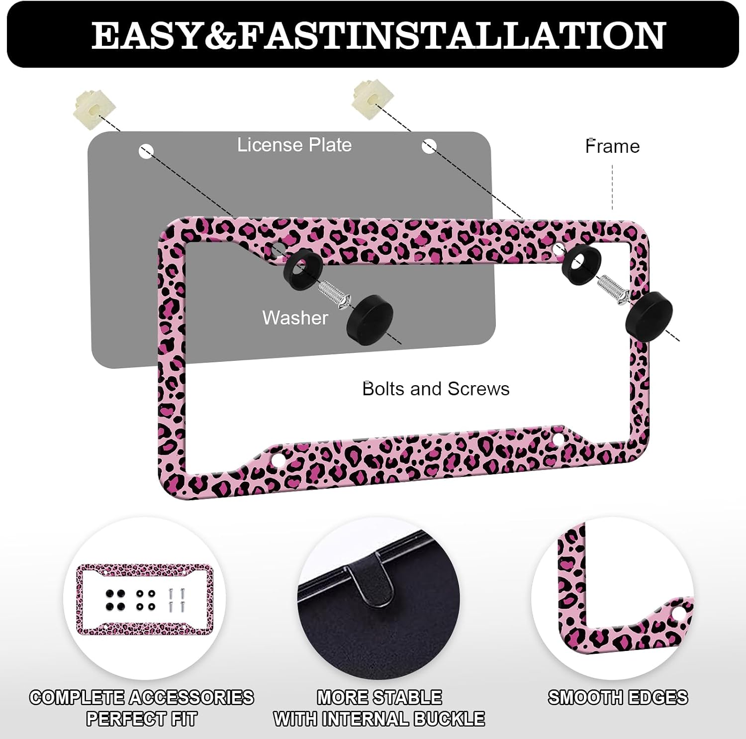 HCSS Pink Leopard Print License Plate Frames - 2 Pack Funny Cheetah Print License Plate Holder, Aluminum Metal Rust-Proof Waterproof Car Decorative Tag Frame for Standard US 12x6 Inch image 3