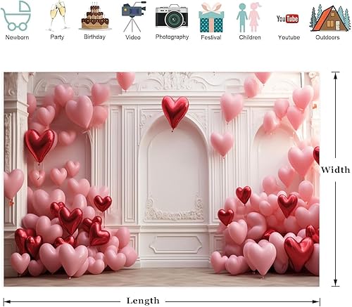 Miniatura 3 de Caheansi Fondo de San Valentín de 7 x 5 pies, globo de corazón de amor rosa y rojo, blanco europeo, fondo de fotografía de pared, propuesta de boda,