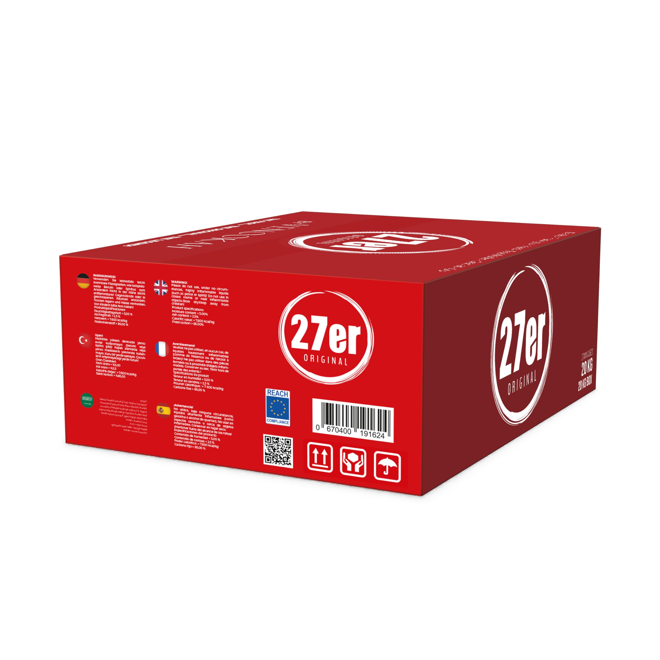 Original Shisha Kohle 20kg Gastro Einheit 27mm Würfel Premium Kokosnusskohle perfekt für den Grill & Wasserpfeifen I Hohe hitze mit sehr Langer Brenndauer