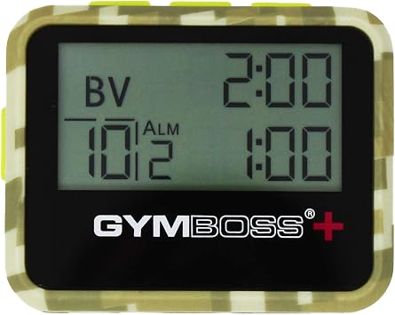 Gymboss Plus Interval Timer and Stopwatch Watch Strap Bundle (Green Camouflage/Yellow Soft Coating)