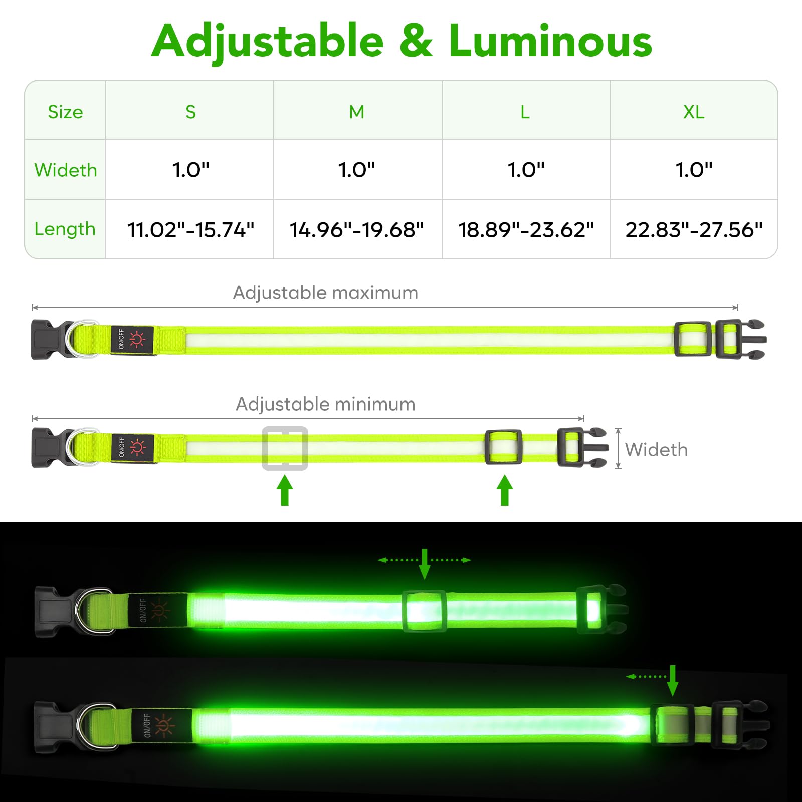 VIZPET Collar LED para perro, collar de perro iluminado ajustable de seguridad brillante | Collares de luz superbrillantes recargables por USB para perros (mediano, verde)