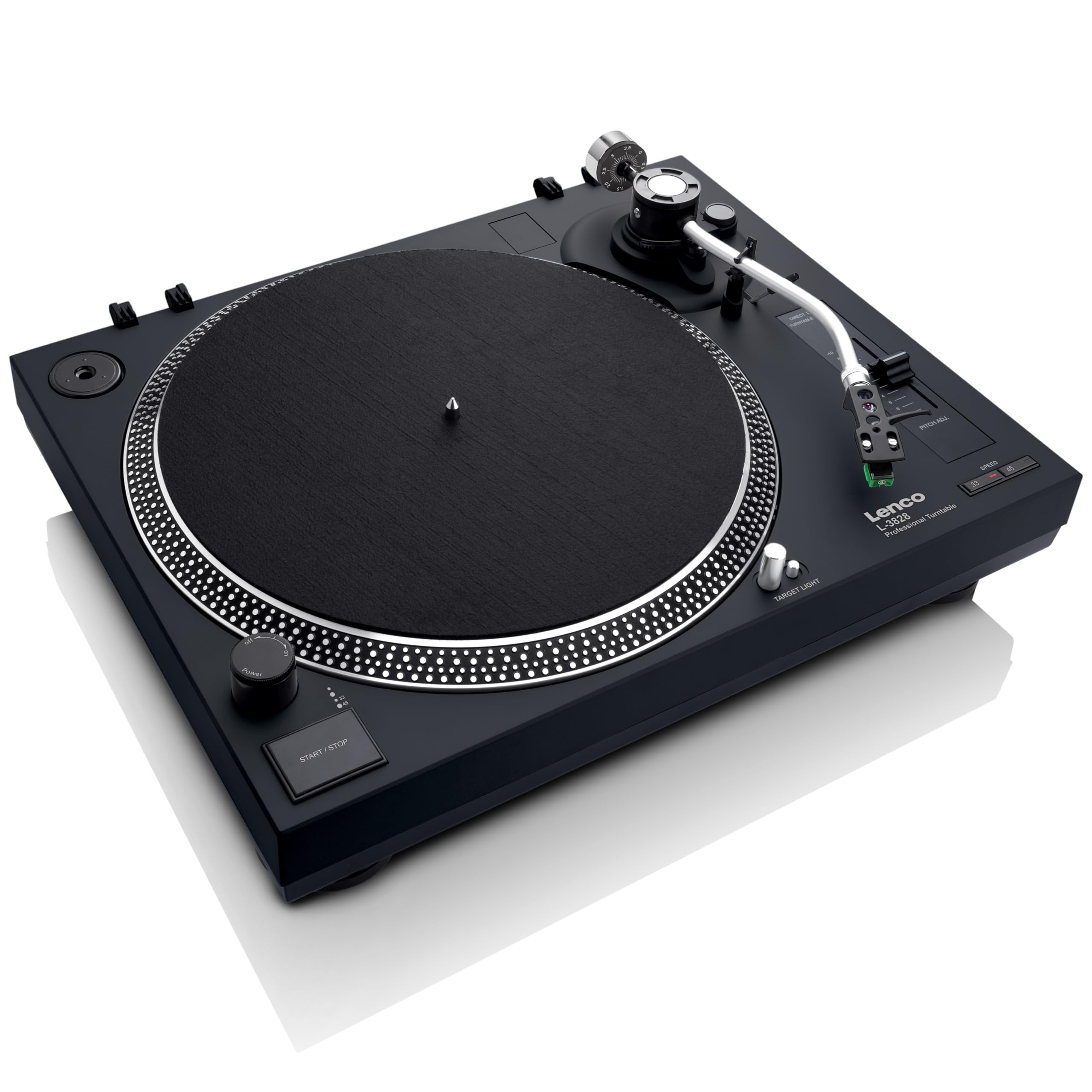 Lenco L-3828 - Giradischi con azionamento diretto, giradischi DJ, registrazione USB, controllo Pitch Control, preamplificatore, 33 e 45 giri/min, nero