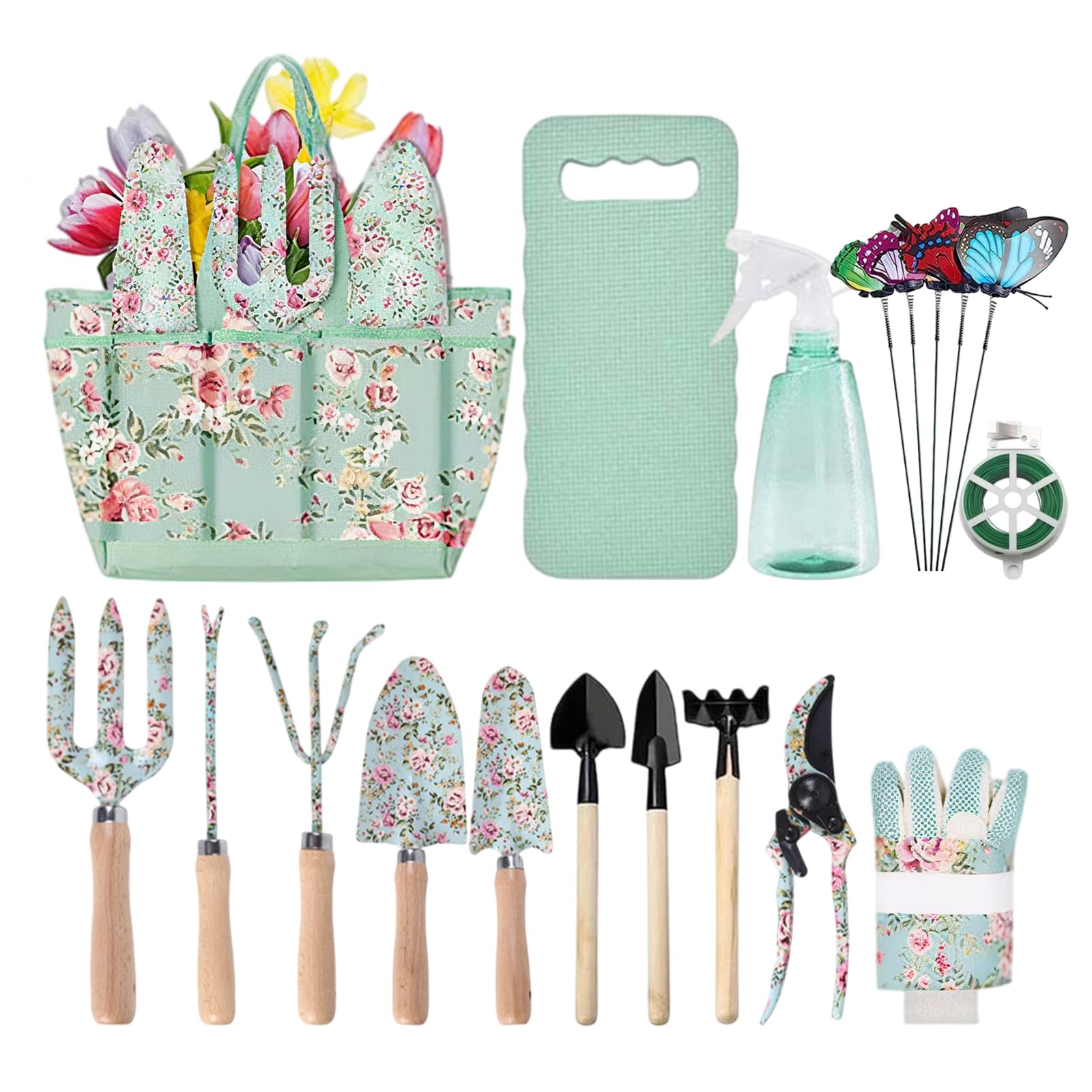 Hinourisha Garden Tools Set, 15 Pcs Heavy Duty Floral Gardening Kit, Gardening Gifts for Women or Beginners, include Storage Bag, Scissors, forks, kneeling pads, rakes, etc.
