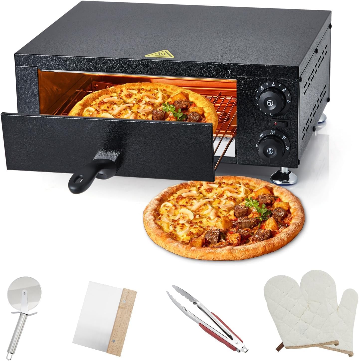 1100W Commercial Electric Pizza Oven 12'' Pizza Oven Countertop Stainless Steel with Timer, for Restaurant Home Use, 8 Pizza Stones