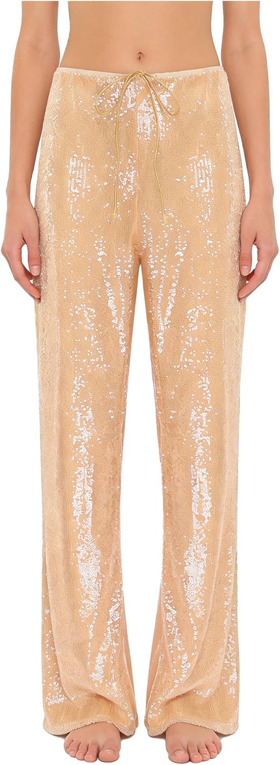 Hularka Women Sparkle Outfits Sequin Pants Waist Wide Leg Straight Leg Long Pants for Nightclub Stage Dance