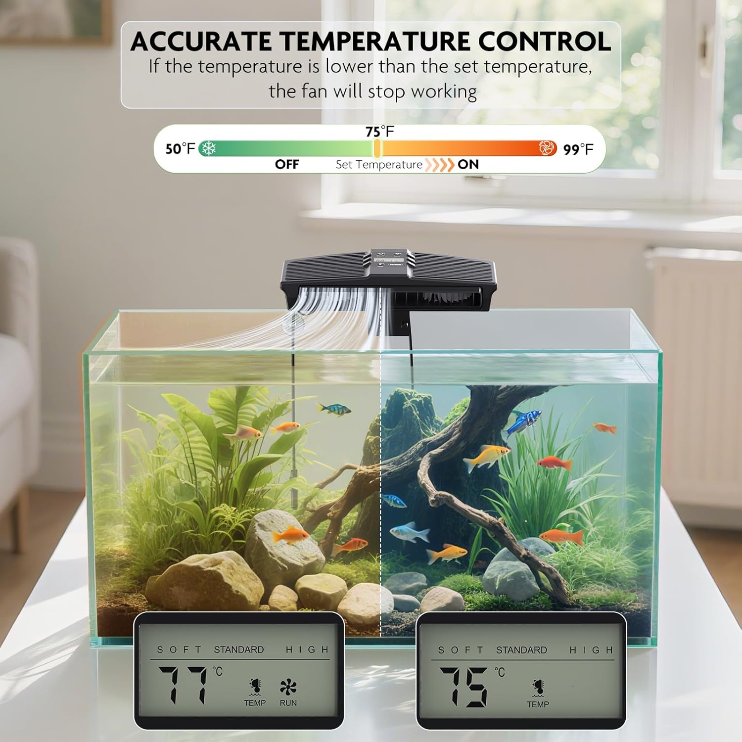 PAIZOO Aquarium Chiller Fan, Fish Tank Cooling Fan with Temperature Probe & LCD Display Aquarium Cooler Water Chiller for Axolotl Betta Fish Accessories, 7W