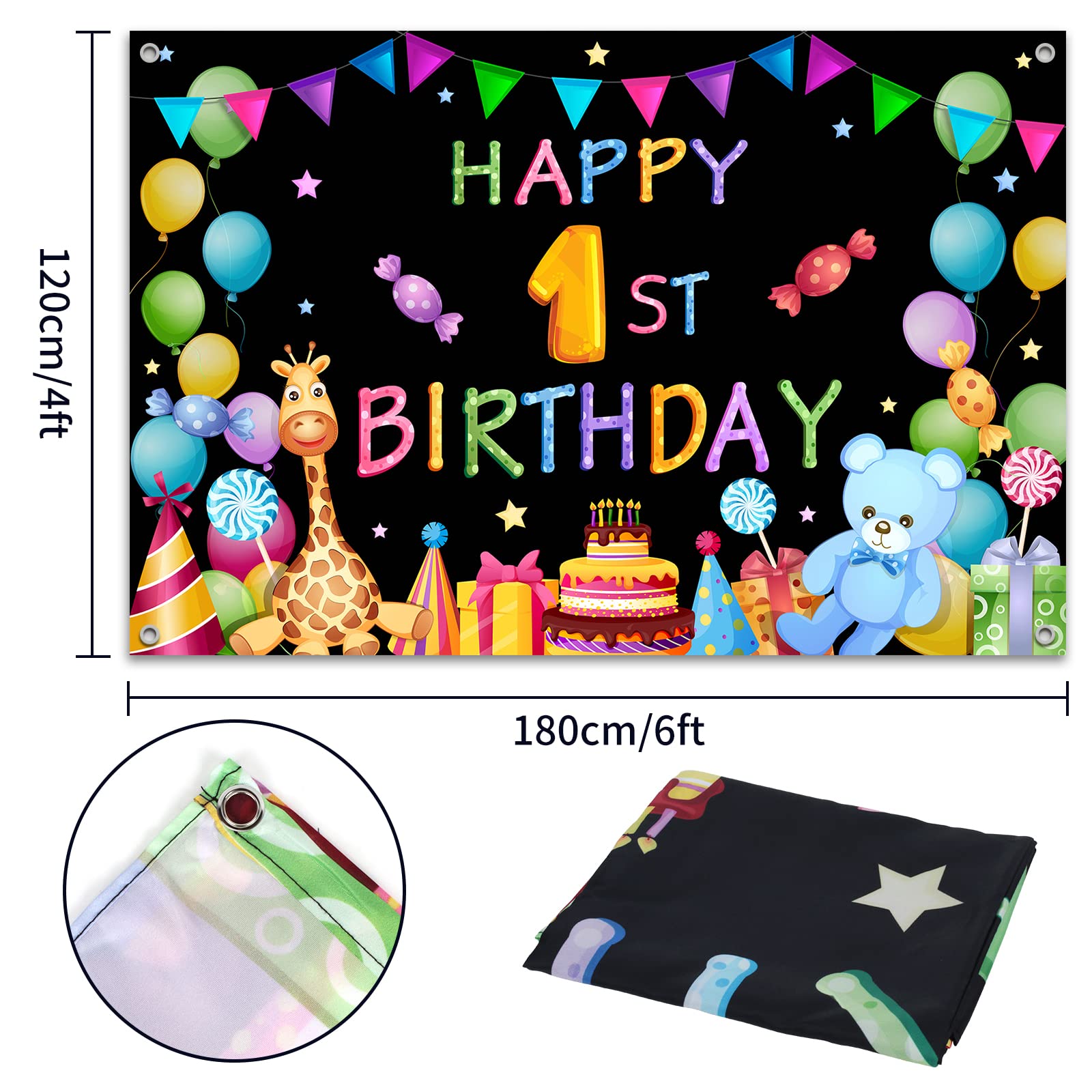 LASKYER 65th Birthday Banner - Black & Gold Glitter Circle Dots Decorations Set