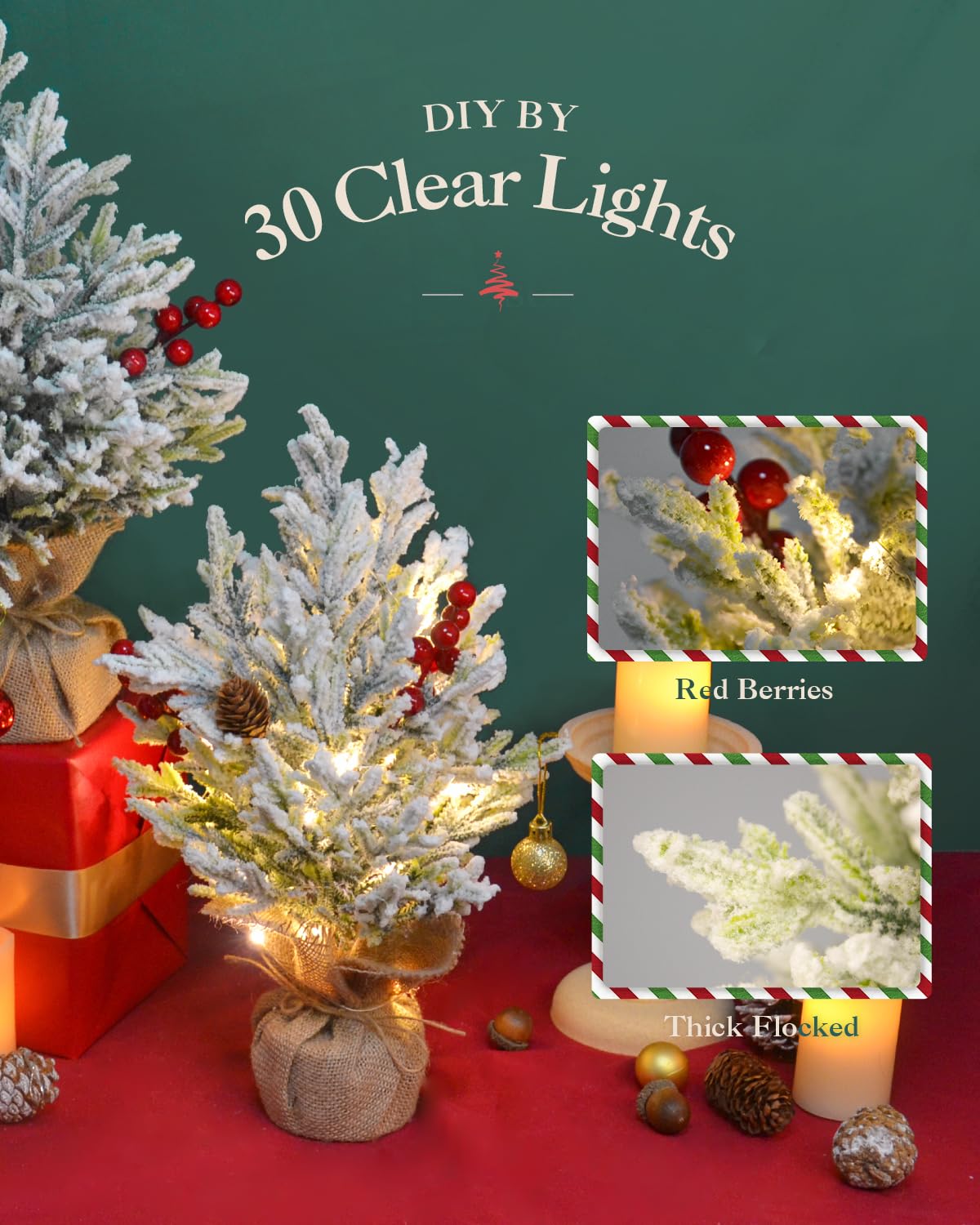 ZZOWDIW Set of 2 Mini Christmas Trees Flocked - 15in Battery Operated Pre-Lit Indoor Holiday DÃ©cor for Table w/Red Berries, Pine Cones