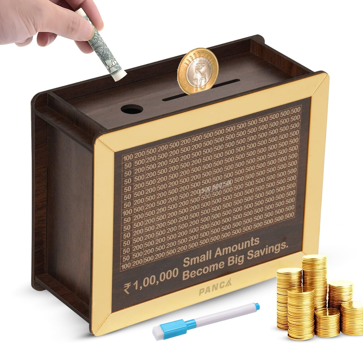 PANCA Wooden Piggy Bank with Pen Money Saving Box for Kids & Adults, Coin Savings Box Wooden Coin Box, Money Saver, Piggy Bank with Numbers Rupees Savings Box