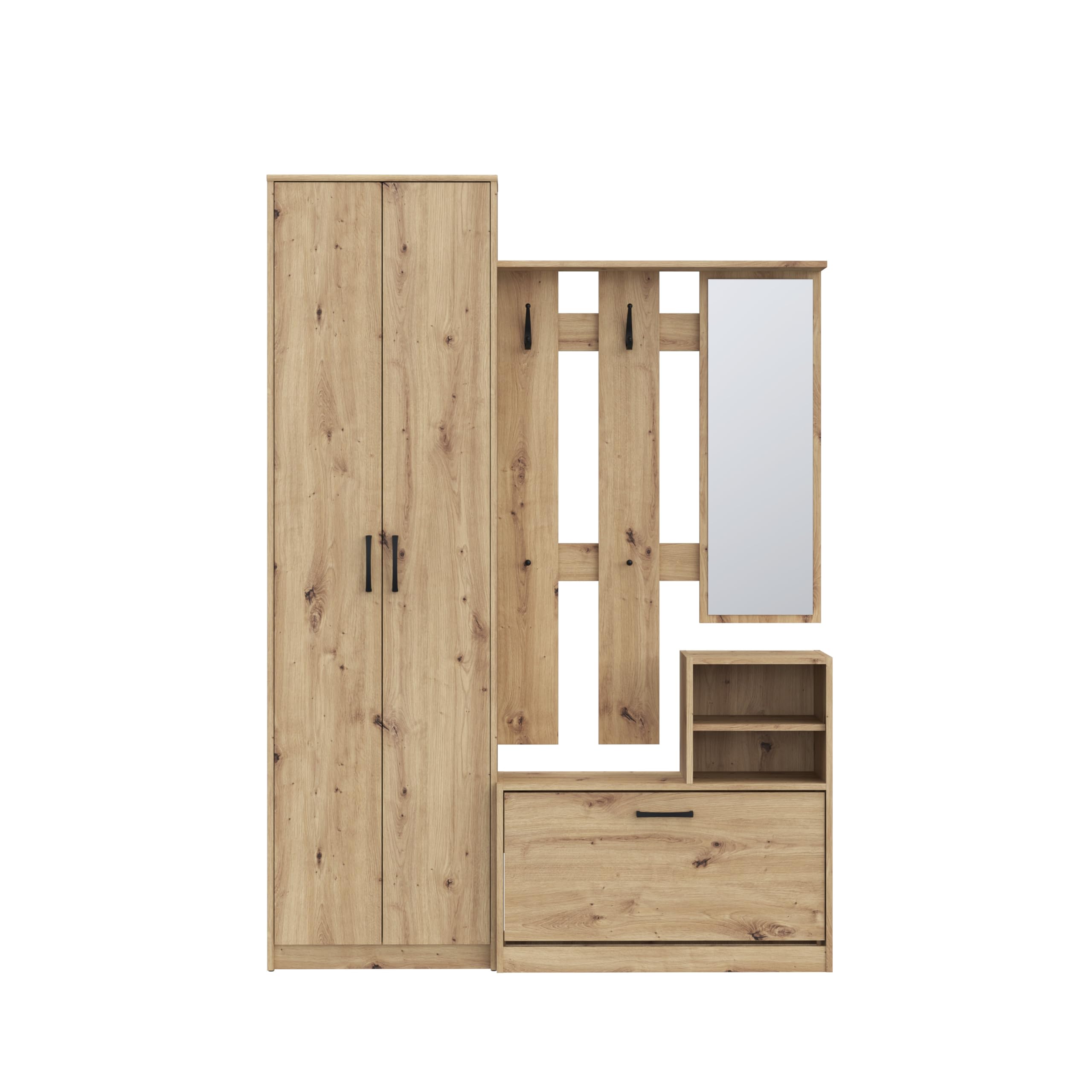 Forte NIKO Garderobenschrank 130 140, Skandi-Mehrzweckschrank, 2-türig, 1 Schublade, Spiegel, Haken, Flur, Artisan Eiche Holzdekor, 135 cm breit x 190,8 cm hoch x 28 cm tief