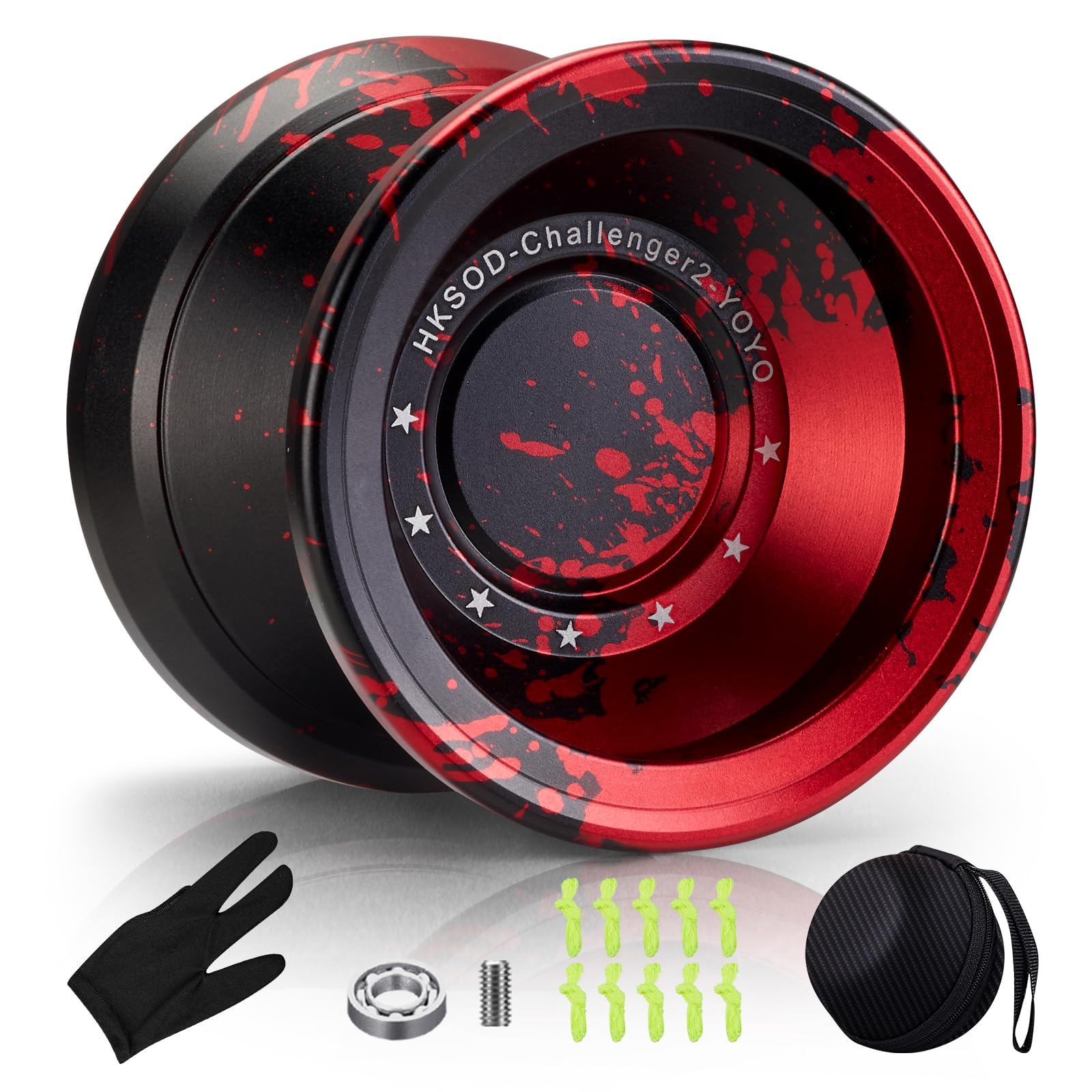 Hksod C2 Yoyo Professional Responsive Yo yo for Kids, Beginners and Adults, Dual Function yoyos, Metal Yoyo with Bag, Gloves, 10 Yo-Yo Strings and Responsive Bearings Kit - Black + Red