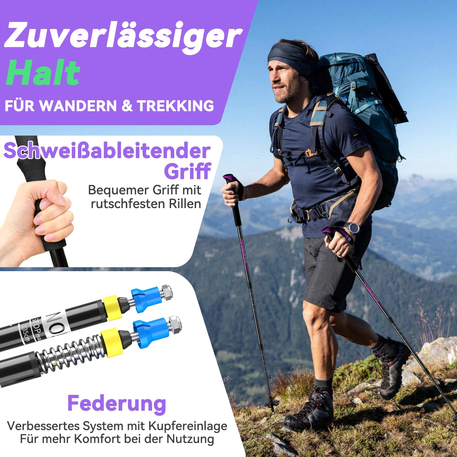 DOBESTS Teleskop-Wanderstöcke 2 Stück, Nordic-Walking-Stöcke 65-135 cm