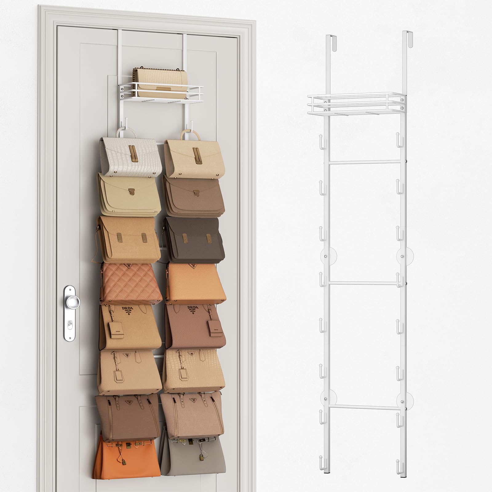 SWTYMIKI Over the Door Purse Organizer - Wall Mounted Handbag Organizer with 16 Hooks and Metal Basket, Hanging Purse Storage Rack Holds up to 16 Bags, Bag Rack Can Use As 1/2 Part, for Door, Closet